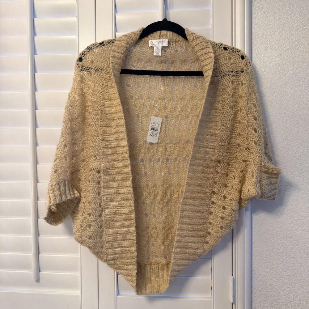 Cozy LOFT Mohair Alpaca Blend Cardigan Shrug Sweater XS S Cream Chunky Knit